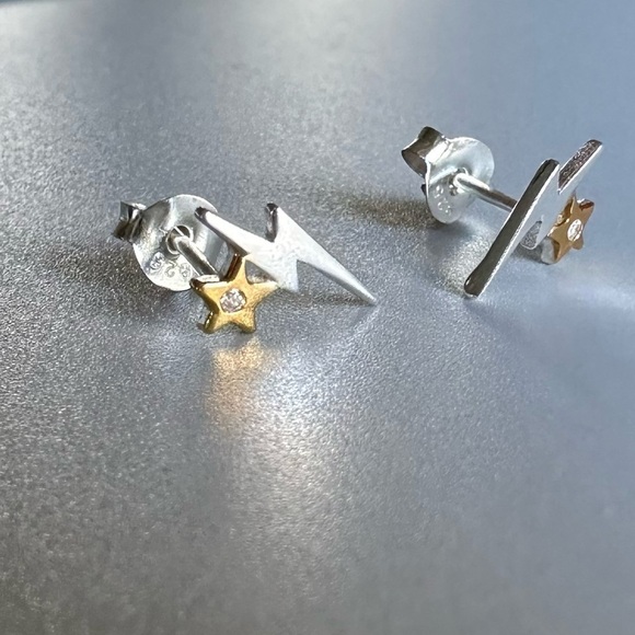 14k Gold and Sterling Silver Lightning Bolt Tiny Stud Earrings - Picture 4 of 5